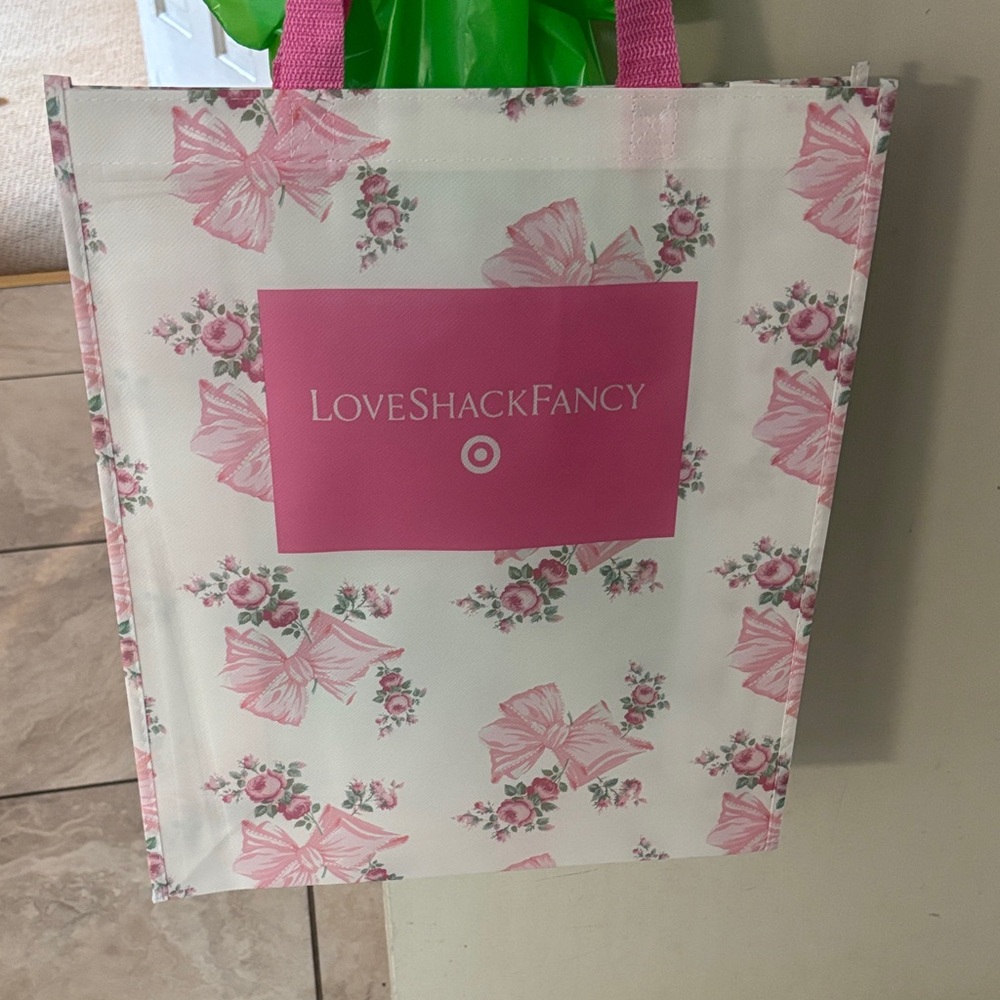LoveShackFancy White Tote with Pink Floral Bows and Logo